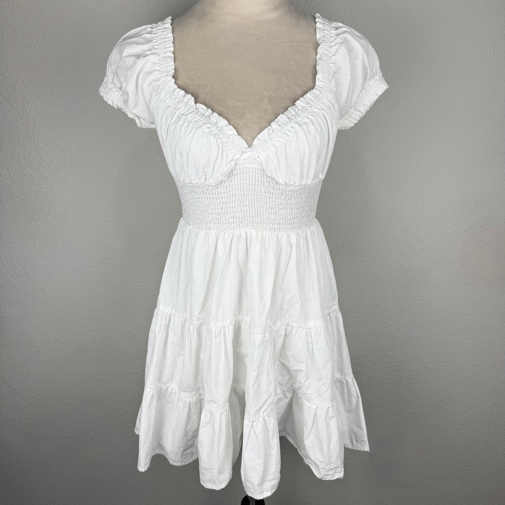 Princess Polly Daniela White Smocked Mini Dress Puff Sleeve Tiered Ruffle US 2